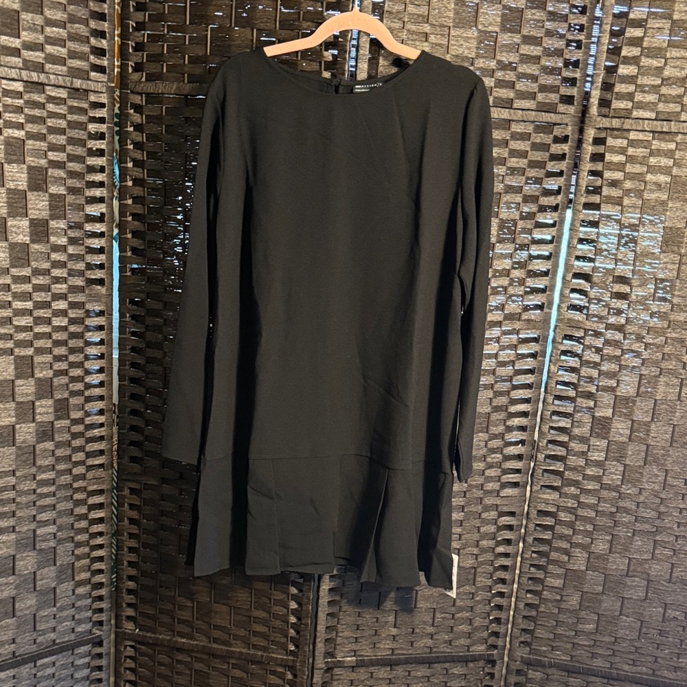 ASOS DESIGN Long Sleeve Dropped Waist Box Pleat Mini Dress Black US Size 14
